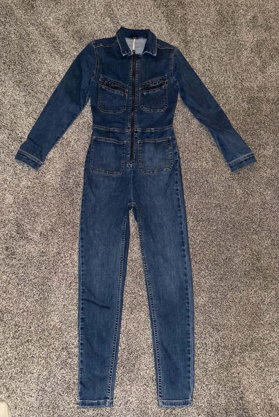 Free People Denim Jumpsuit Size XS Blue Zip Front Long Sleeve